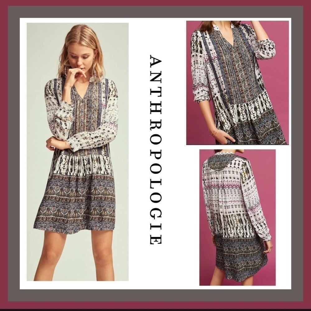 Anthropologie Cream and Navy Printed Long Sleeve Dress